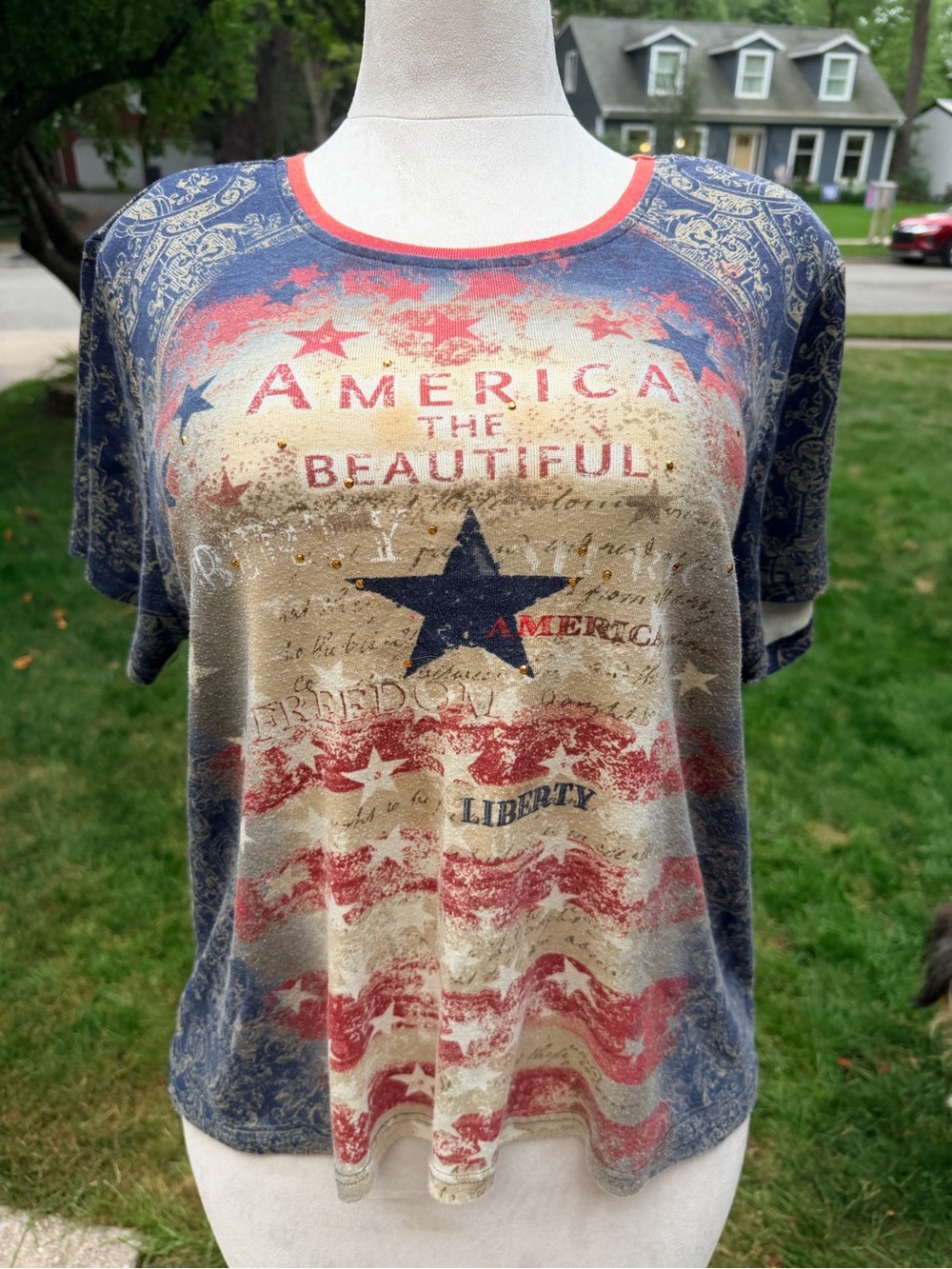 Holiday Editions 2X Americana Patriotic Rhinestone Graphic Tee Plus Size